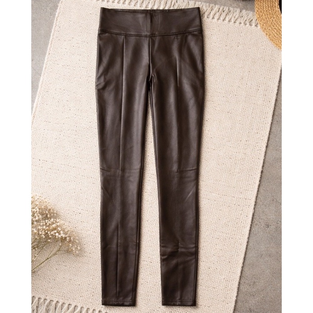 Hue Faux Leather Pintuck Leggings Chocolate Plum Brown XS NWT U23829